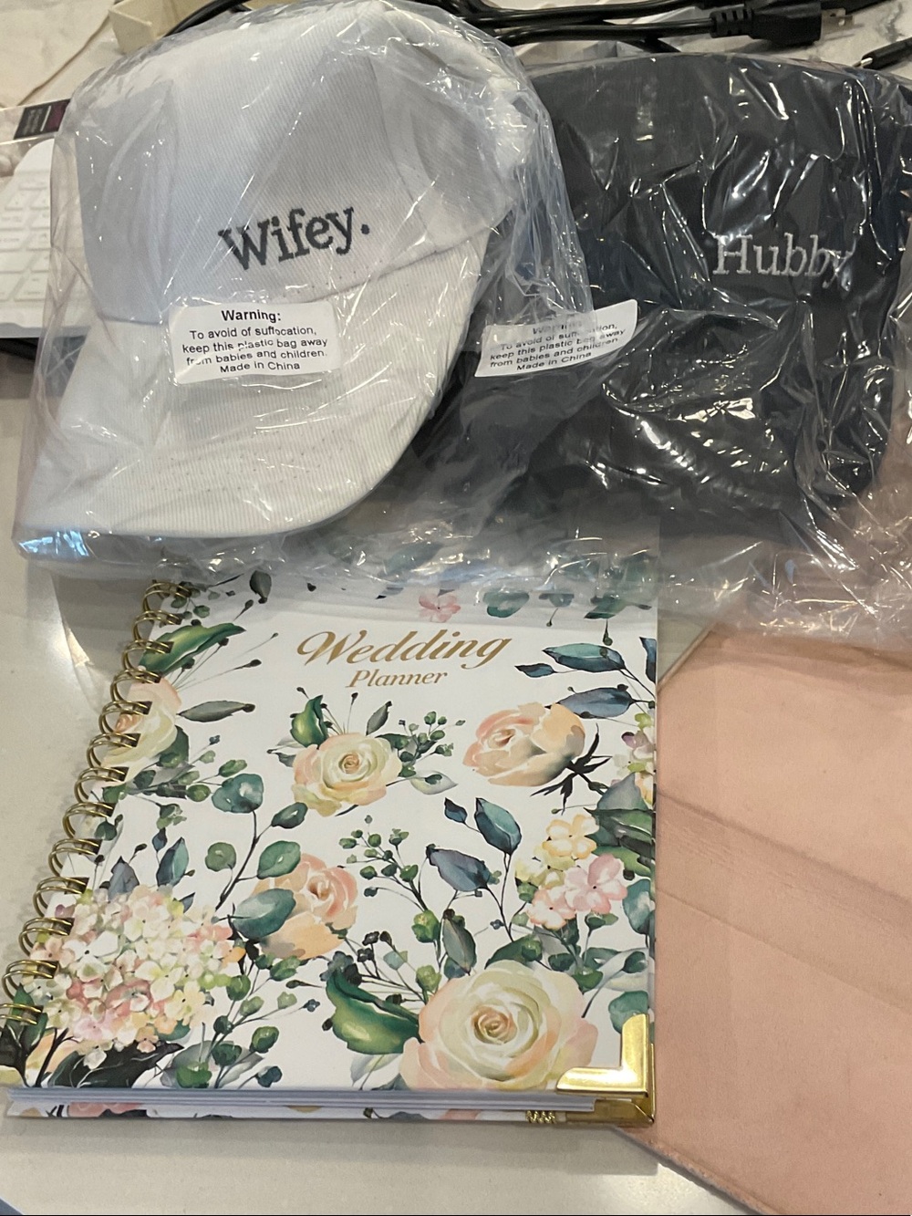 Floral Wedding Planner Notebook - White & Green. And Wedding Caps Wifey & Hubby.